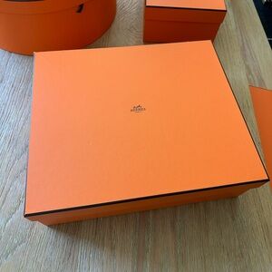 New Hermes gift box, with ribbon and dust bag. Size 16” 13.5”. 5.25”